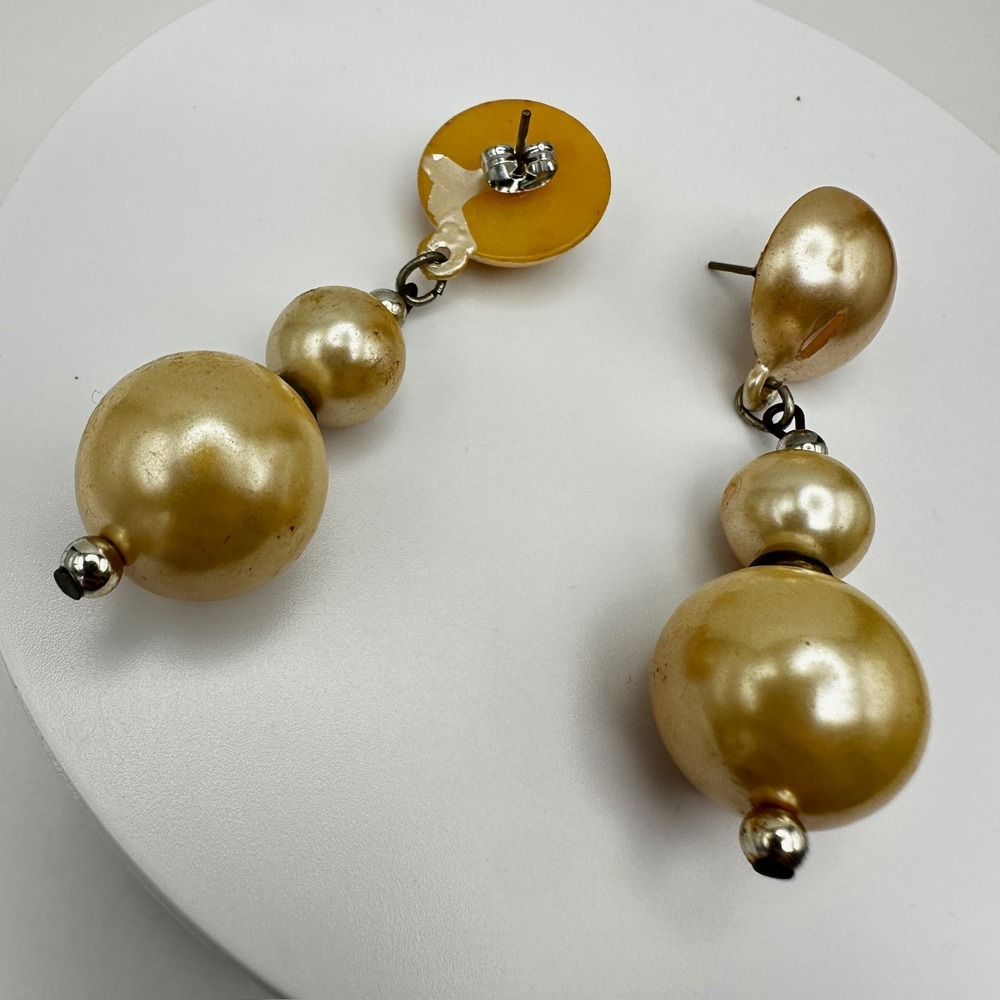 Vintage 80s Faux Pearl Drop Earrings Cream Graduated Bead Statement Dangle Retro - Picture 9 of 12